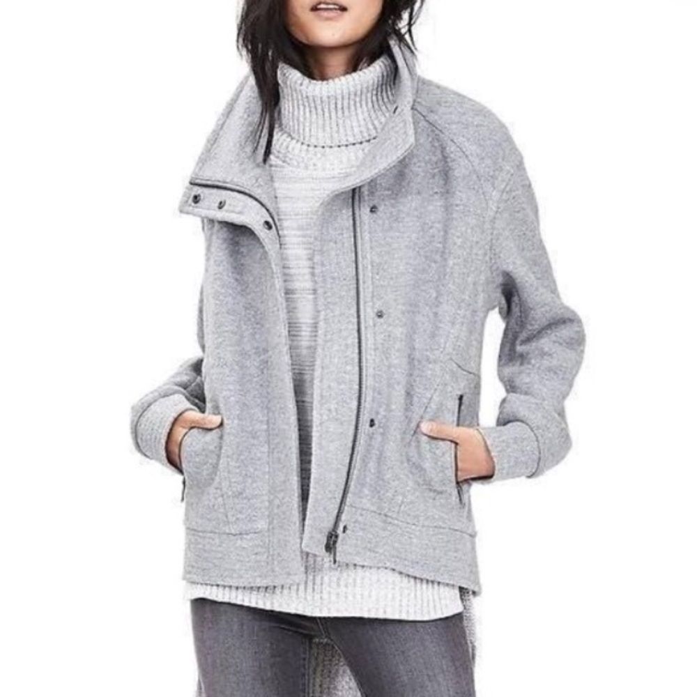 NWT Banana Republic Gray Wool Moto Cocoon Zip Up Button Winter Jacket